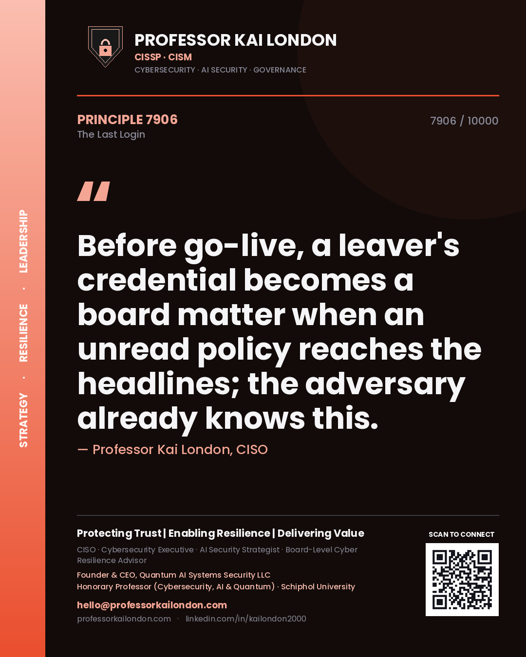 Professor Kai London principle 7906: Before go-live, a leaver's credential becomes a board matter when an unread policy reaches the headlines; the adversary already knows this.