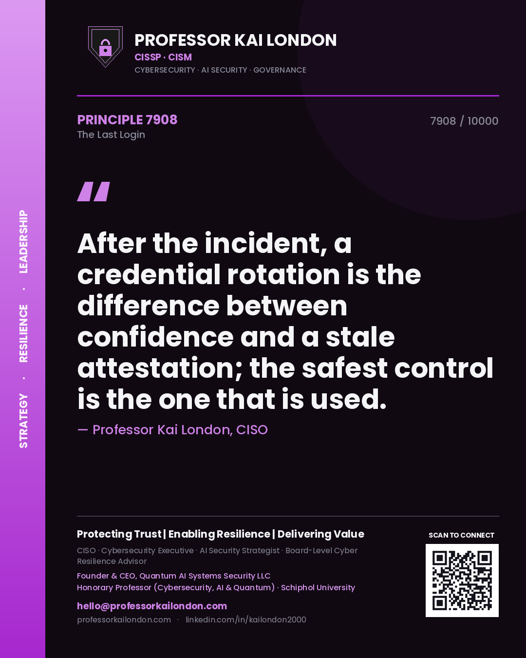 Quote card by Professor Kai London reading 'After the incident, a credential rotation is the difference between confidence and a stale attestation; the safest control is the one that is used.'. From the book The Last Login.