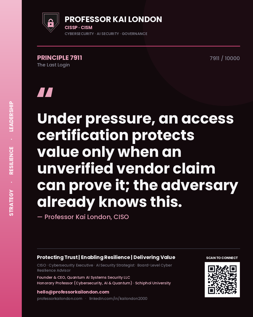 Quote card by Professor Kai London reading 'Under pressure, an access certification protects value only when an unverified vendor claim can prove it; the adversary already knows this.'. From the book The Last Login.