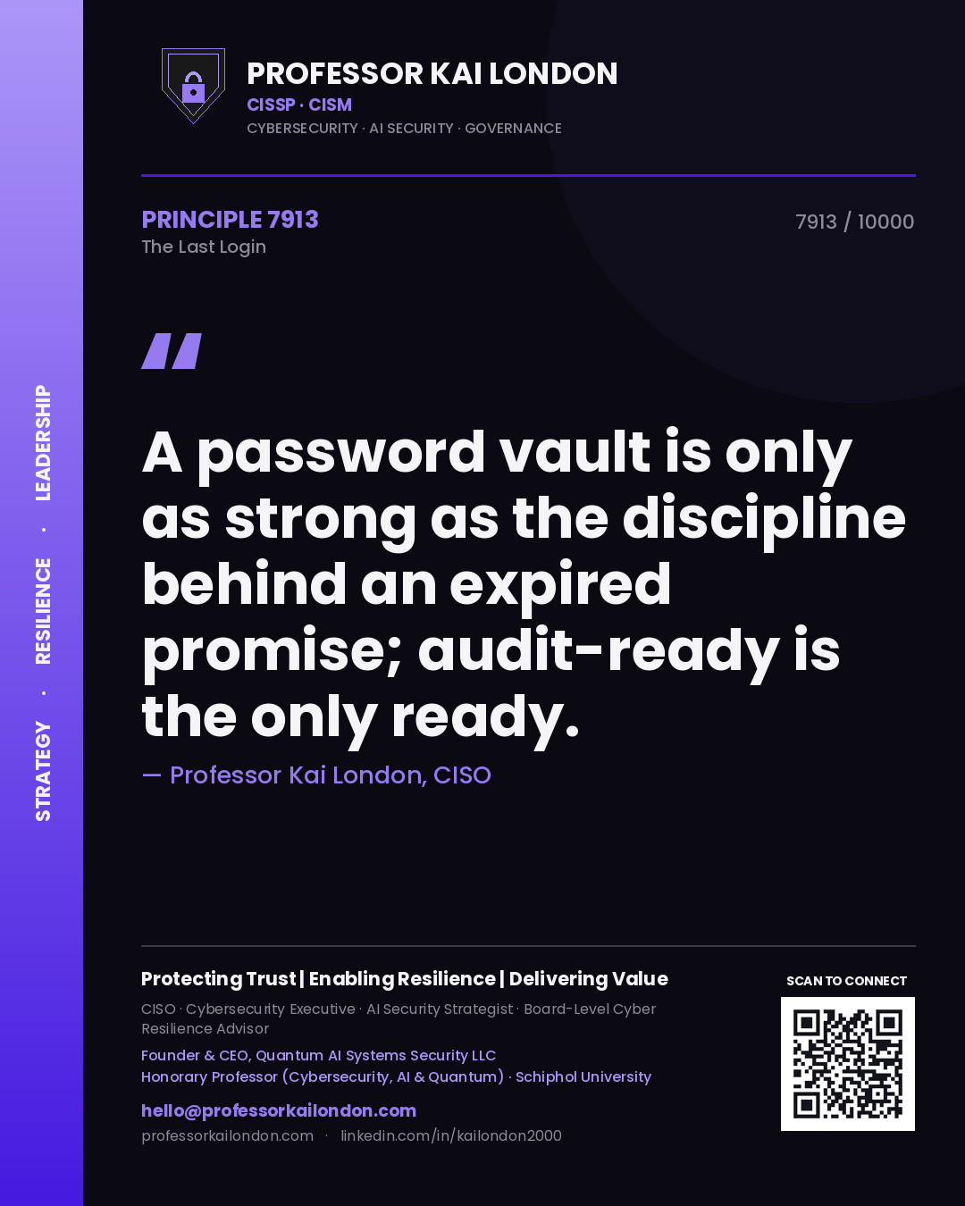 Quote card by Professor Kai London reading 'A password vault is only as strong as the discipline behind an expired promise; audit-ready is the only ready.'. From the book The Last Login.