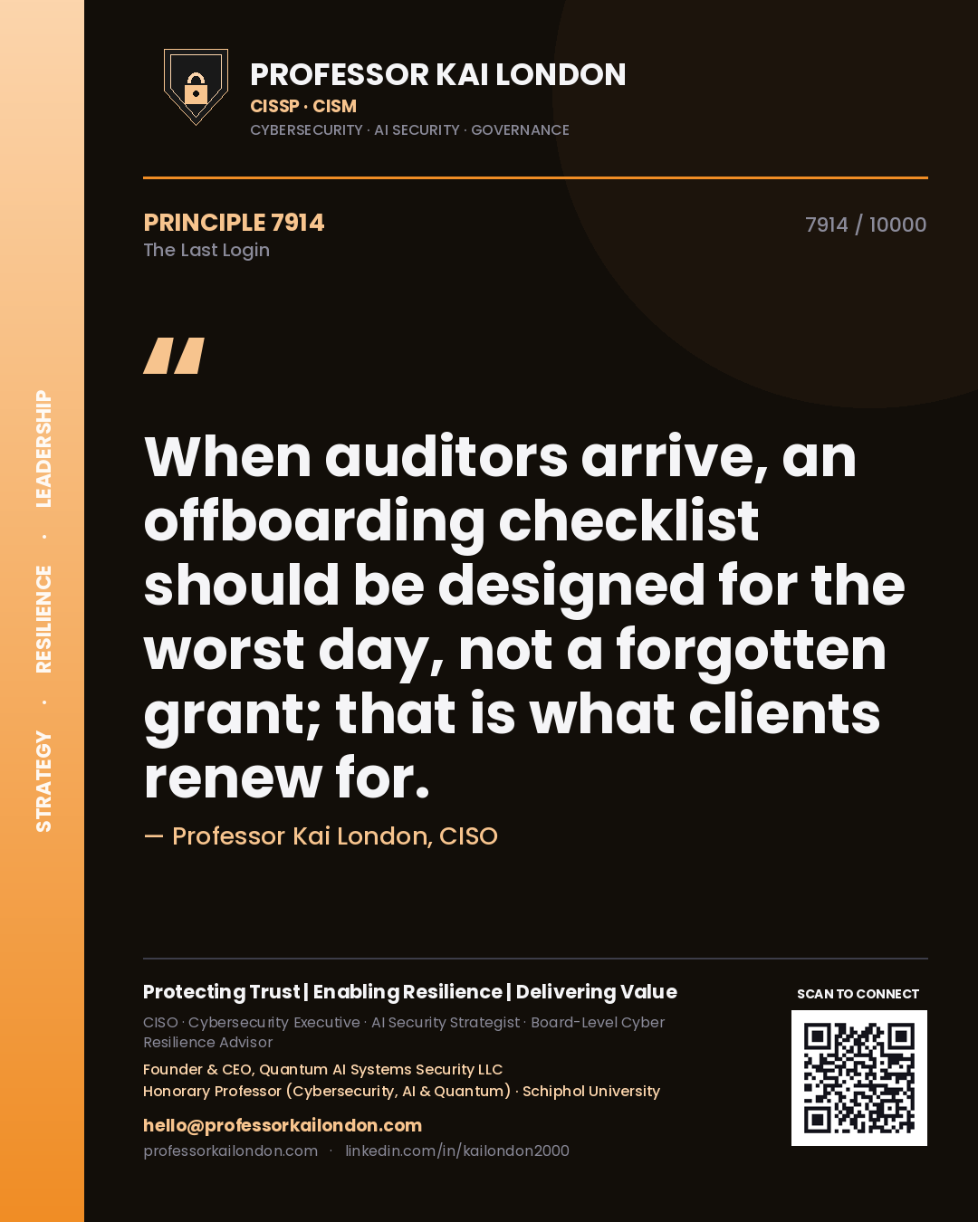 Professor Kai London principle 7914: When auditors arrive, an offboarding checklist should be designed for the worst day, not a forgotten grant; that is what clients renew for.