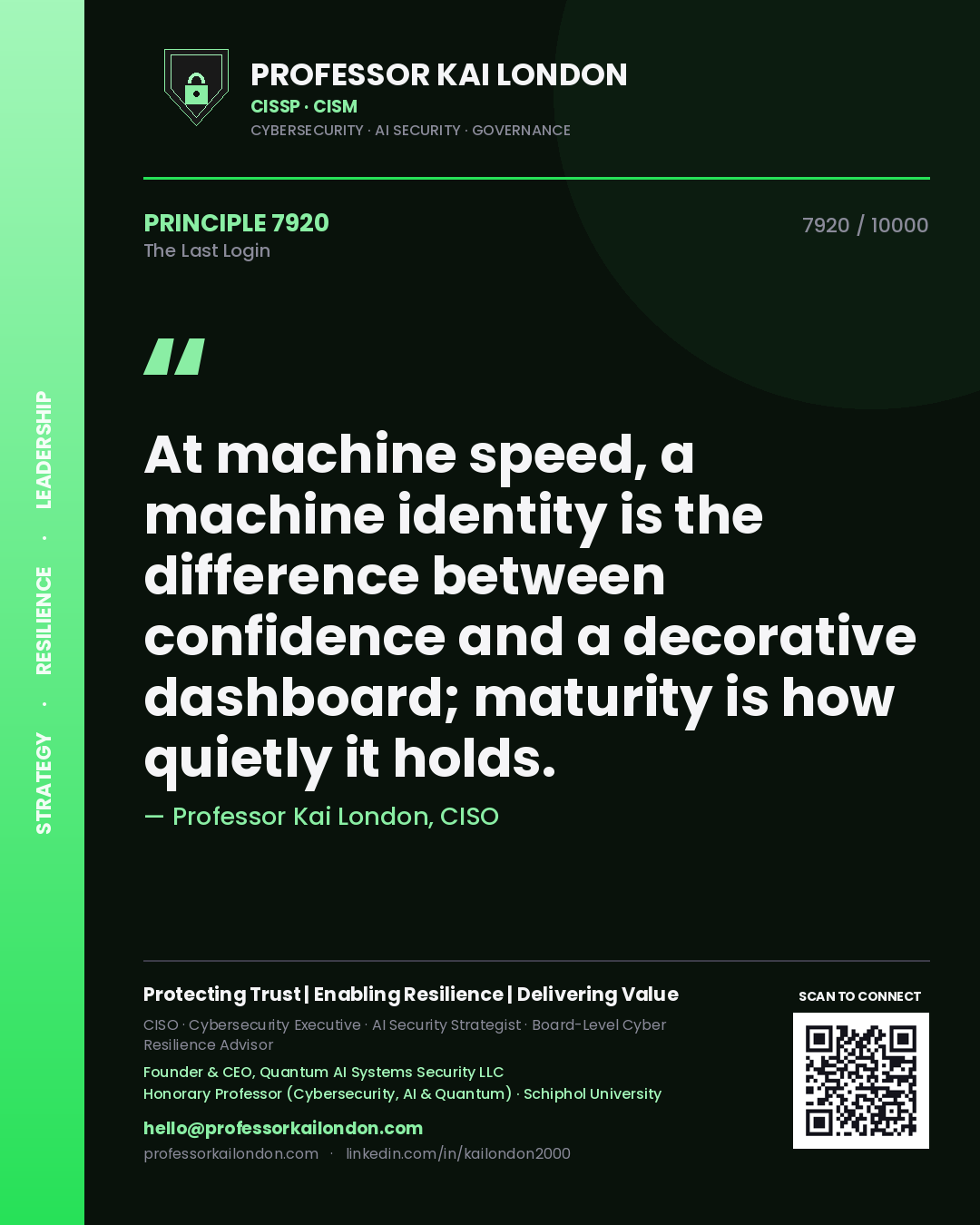 Professor Kai London principle 7920: At machine speed, a machine identity is the difference between confidence and a decorative dashboard; maturity is how quietly it holds.