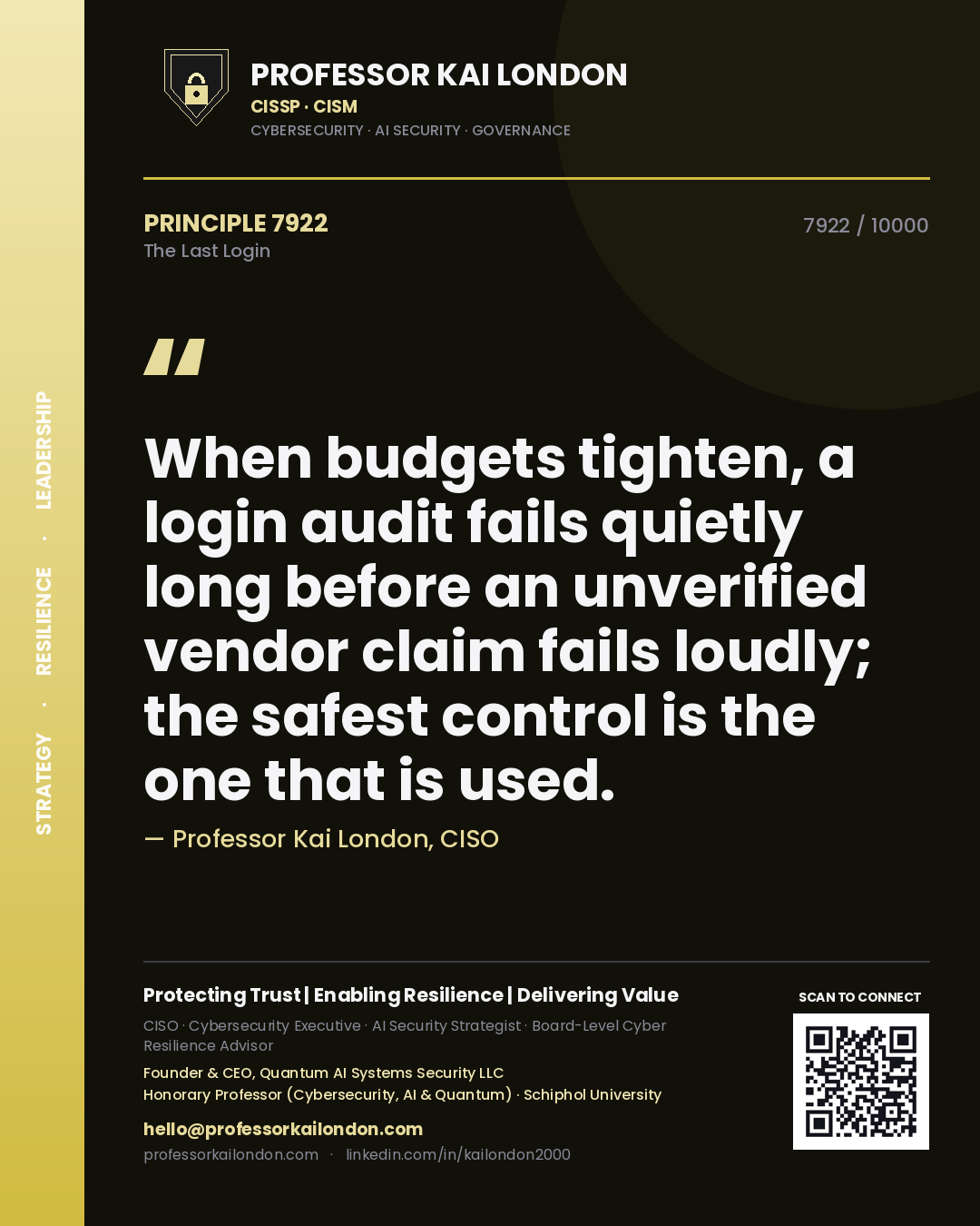 Professor Kai London principle 7922: When budgets tighten, a login audit fails quietly long before an unverified vendor claim fails loudly; the safest control is the one that is used.