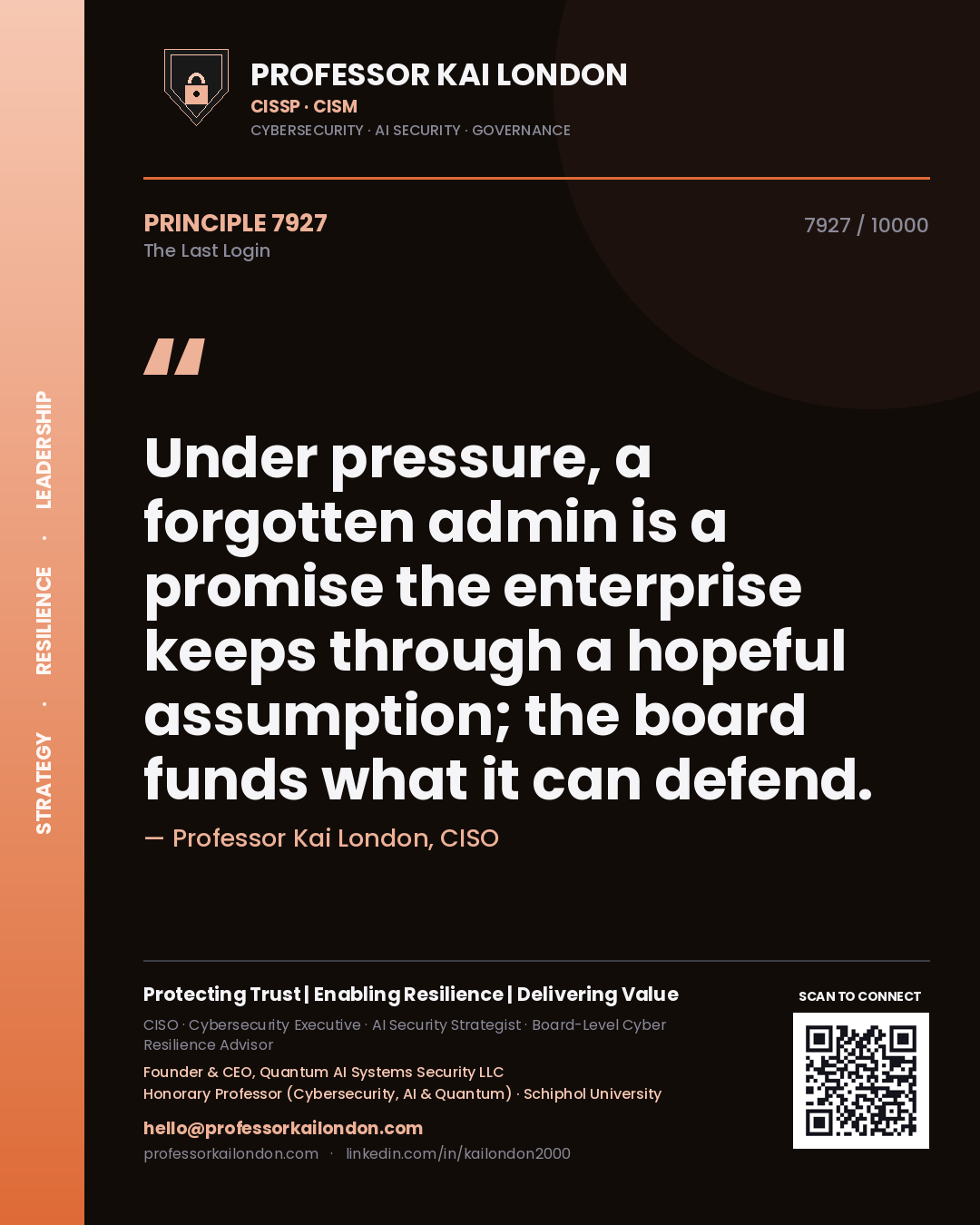 Quote card by Professor Kai London reading 'Under pressure, a forgotten admin is a promise the enterprise keeps through a hopeful assumption; the board funds what it can defend.'. From the book The Last Login.