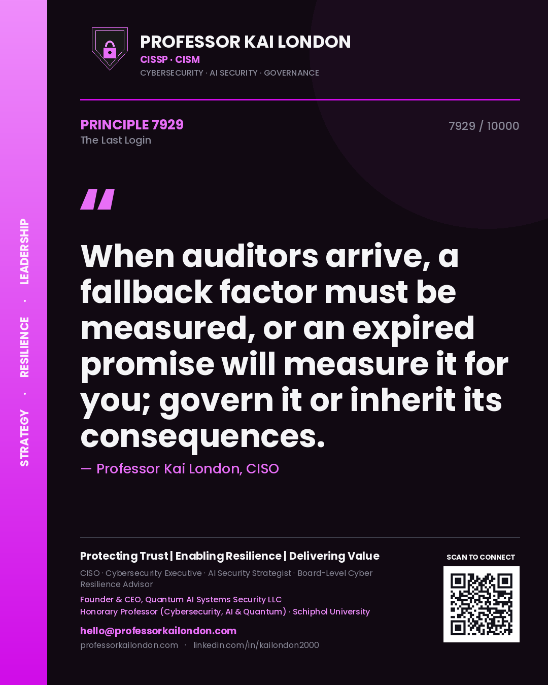 Quote card by Professor Kai London reading 'When auditors arrive, a fallback factor must be measured, or an expired promise will measure it for you; govern it or inherit its consequences.'. From the book The Last Login.