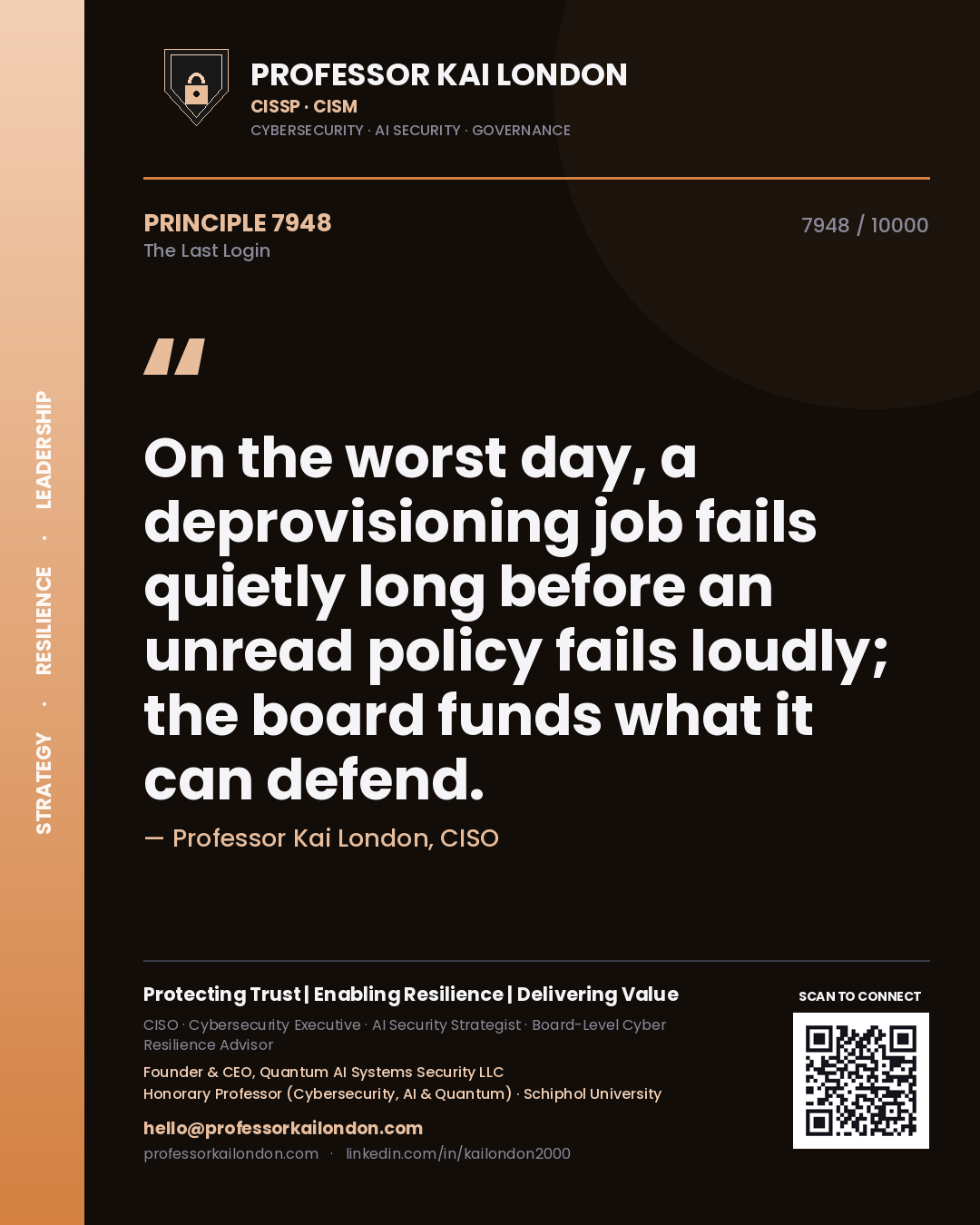 Quote card by Professor Kai London reading 'On the worst day, a deprovisioning job fails quietly long before an unread policy fails loudly; the board funds what it can defend.'. From the book The Last Login.