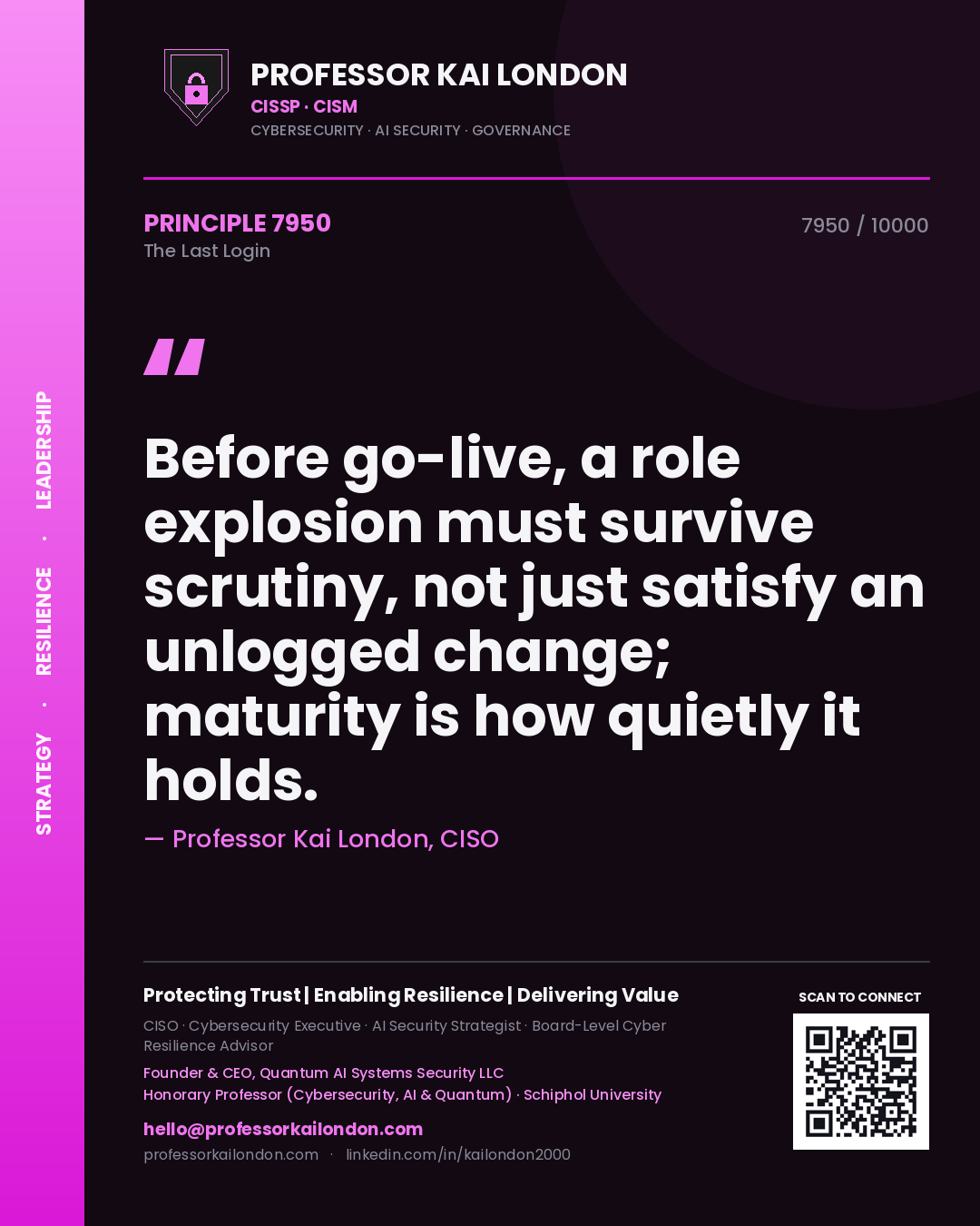 Quote card by Professor Kai London reading 'Before go-live, a role explosion must survive scrutiny, not just satisfy an unlogged change; maturity is how quietly it holds.'. From the book The Last Login.