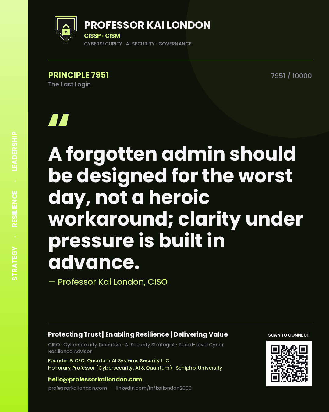 Professor Kai London principle 7951: A forgotten admin should be designed for the worst day, not a heroic workaround; clarity under pressure is built in advance.