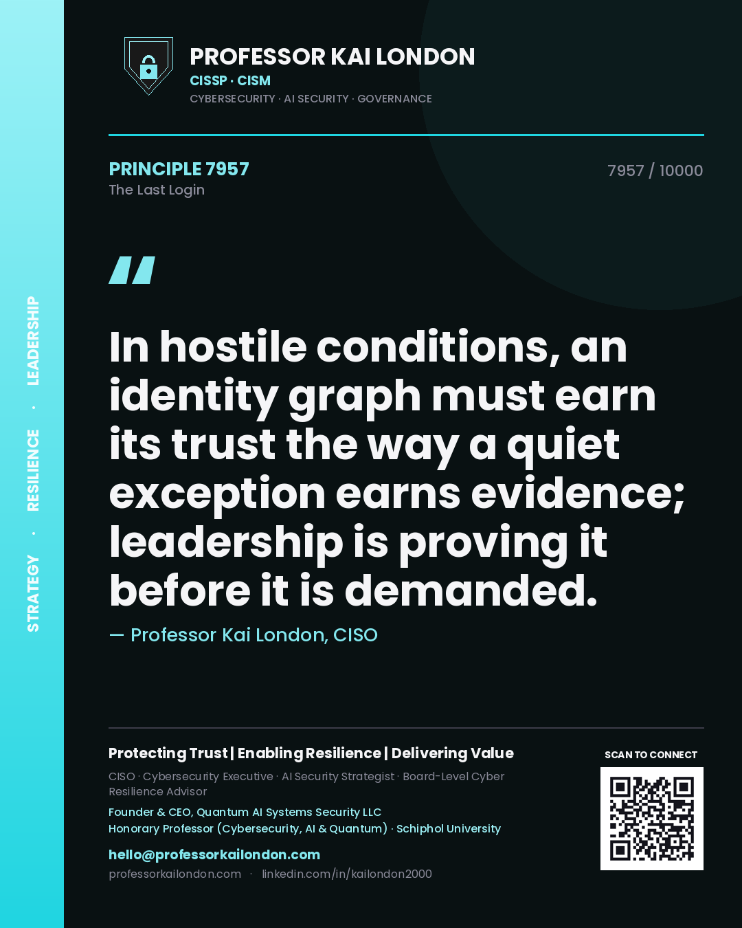 Professor Kai London principle 7957: In hostile conditions, an identity graph must earn its trust the way a quiet exception earns evidence; leadership is proving it before it is demanded.
