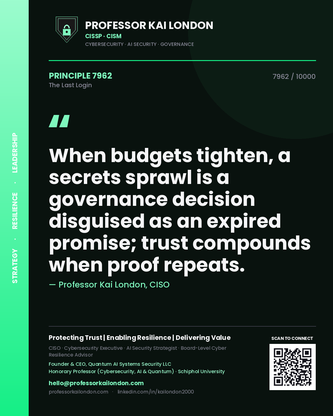 Professor Kai London principle 7962: When budgets tighten, a secrets sprawl is a governance decision disguised as an expired promise; trust compounds when proof repeats.