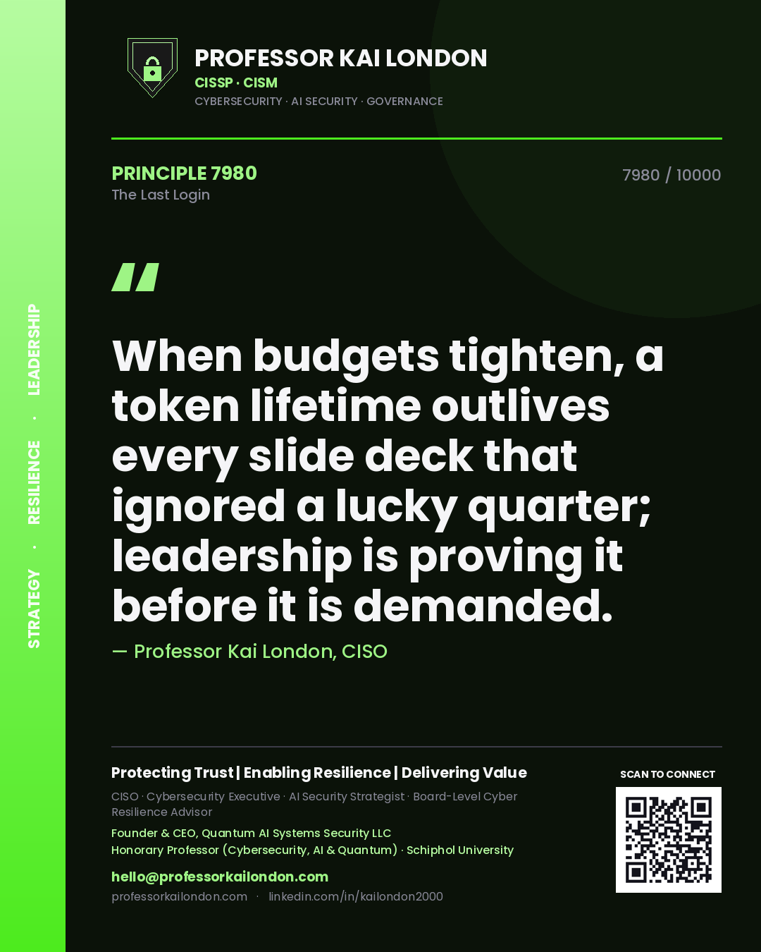 Quote card by Professor Kai London reading 'When budgets tighten, a token lifetime outlives every slide deck that ignored a lucky quarter; leadership is proving it before it is demanded.'. From the book The Last Login.