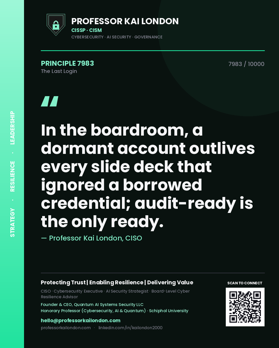 Quote card by Professor Kai London reading 'In the boardroom, a dormant account outlives every slide deck that ignored a borrowed credential; audit-ready is the only ready.'. From the book The Last Login.