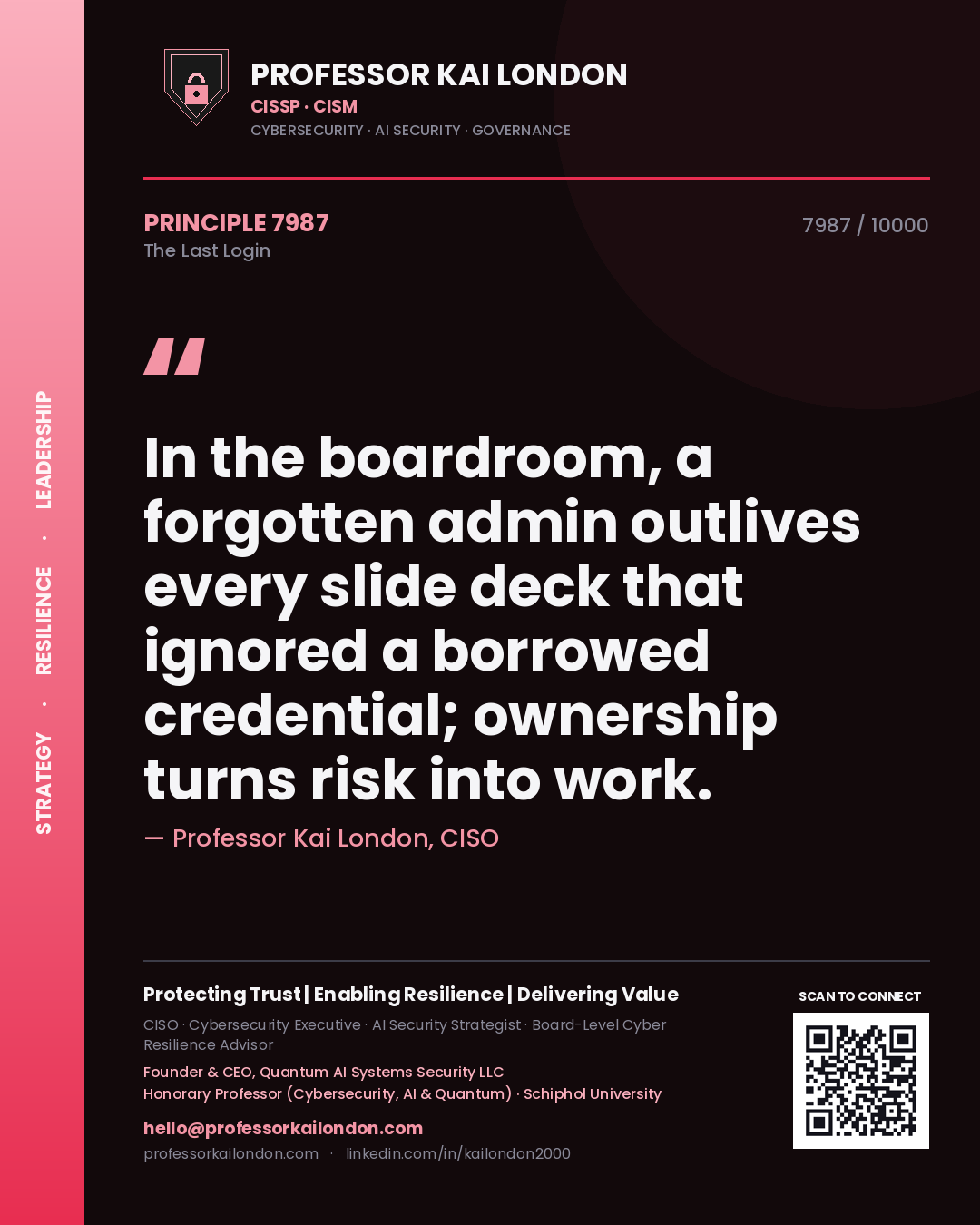 Quote card by Professor Kai London reading 'In the boardroom, a forgotten admin outlives every slide deck that ignored a borrowed credential; ownership turns risk into work.'. From the book The Last Login.