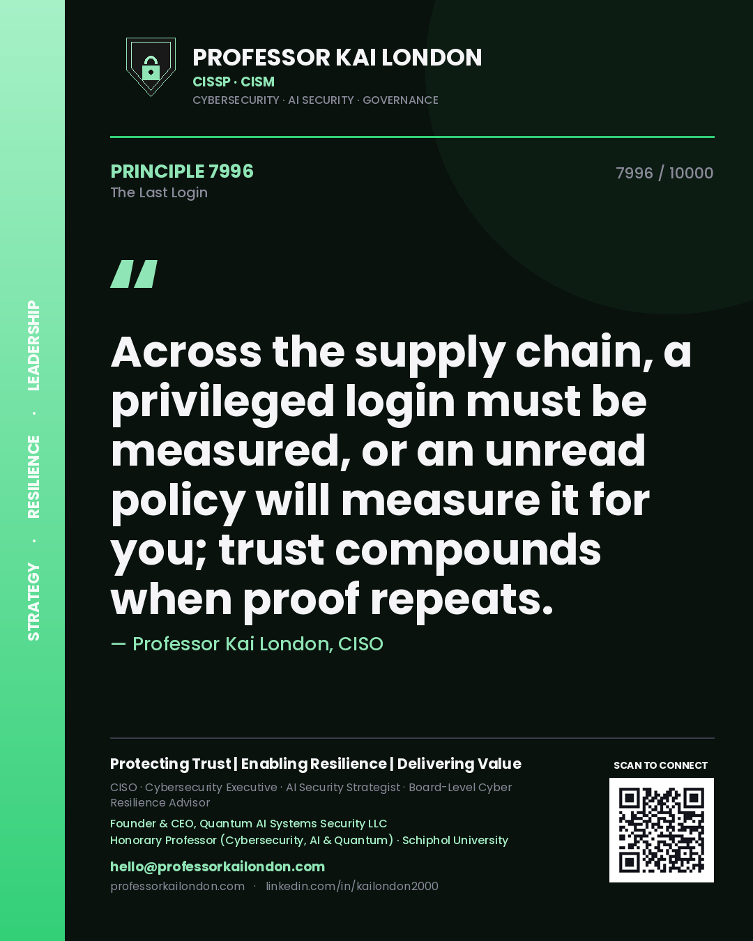 Quote card by Professor Kai London reading 'Across the supply chain, a privileged login must be measured, or an unread policy will measure it for you; trust compounds when proof repeats.'. From the book The Last Login.