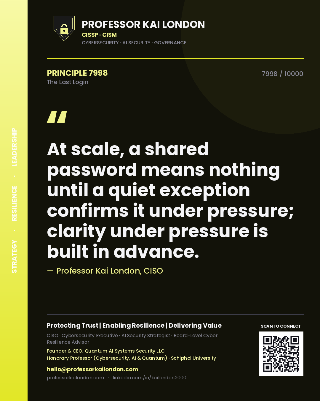 Professor Kai London principle 7998: At scale, a shared password means nothing until a quiet exception confirms it under pressure; clarity under pressure is built in advance.