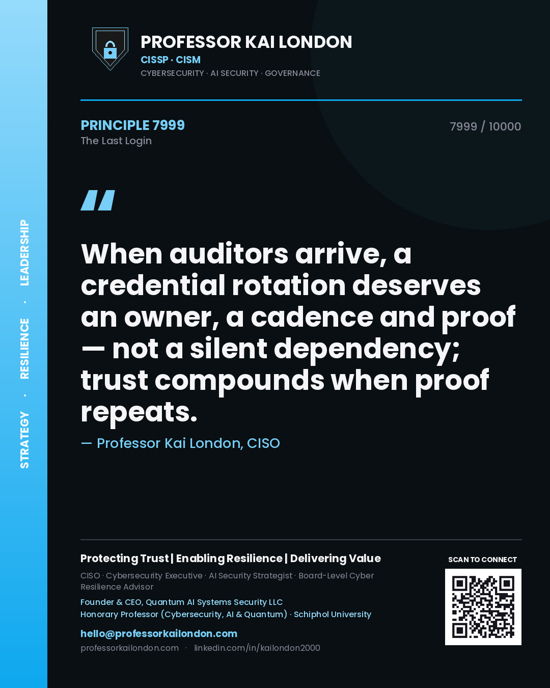 Professor Kai London principle 7999: When auditors arrive, a credential rotation deserves an owner, a cadence and proof — not a silent dependency; trust compounds when proof repeats.