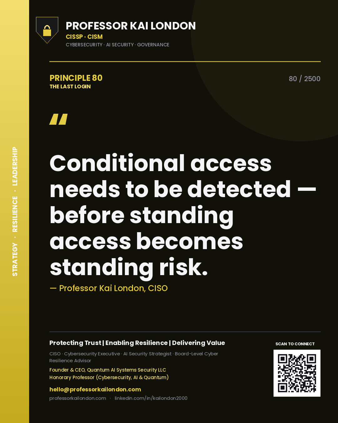 Quote card by Professor Kai London reading 'Conditional access needs to be detected — before standing access becomes standing risk.'. From the book The Last Login.