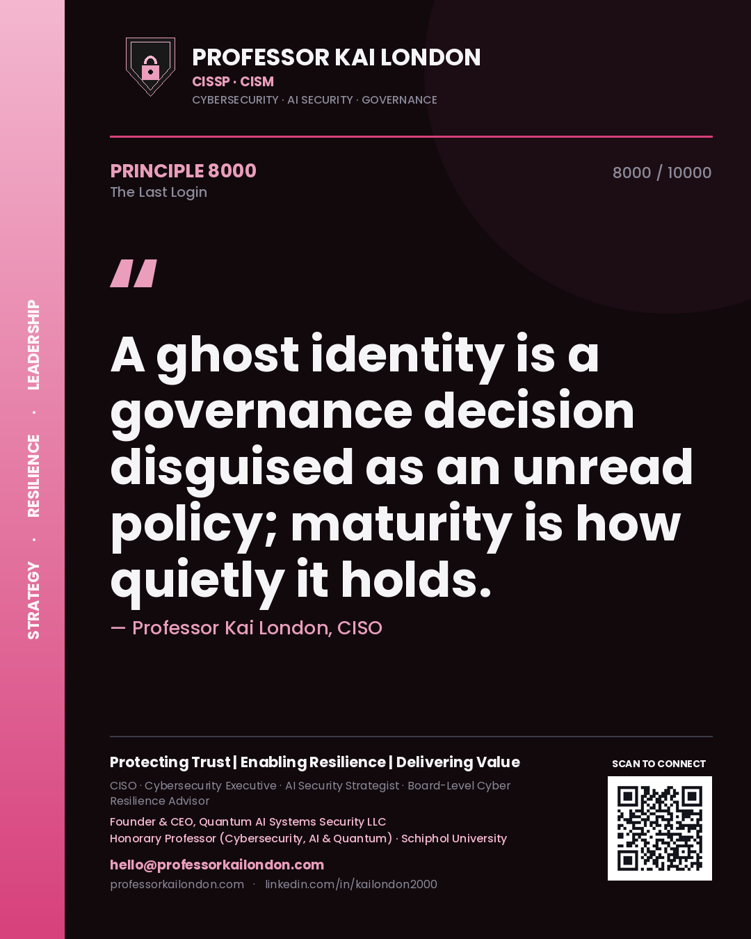Professor Kai London principle 8000: A ghost identity is a governance decision disguised as an unread policy; maturity is how quietly it holds.