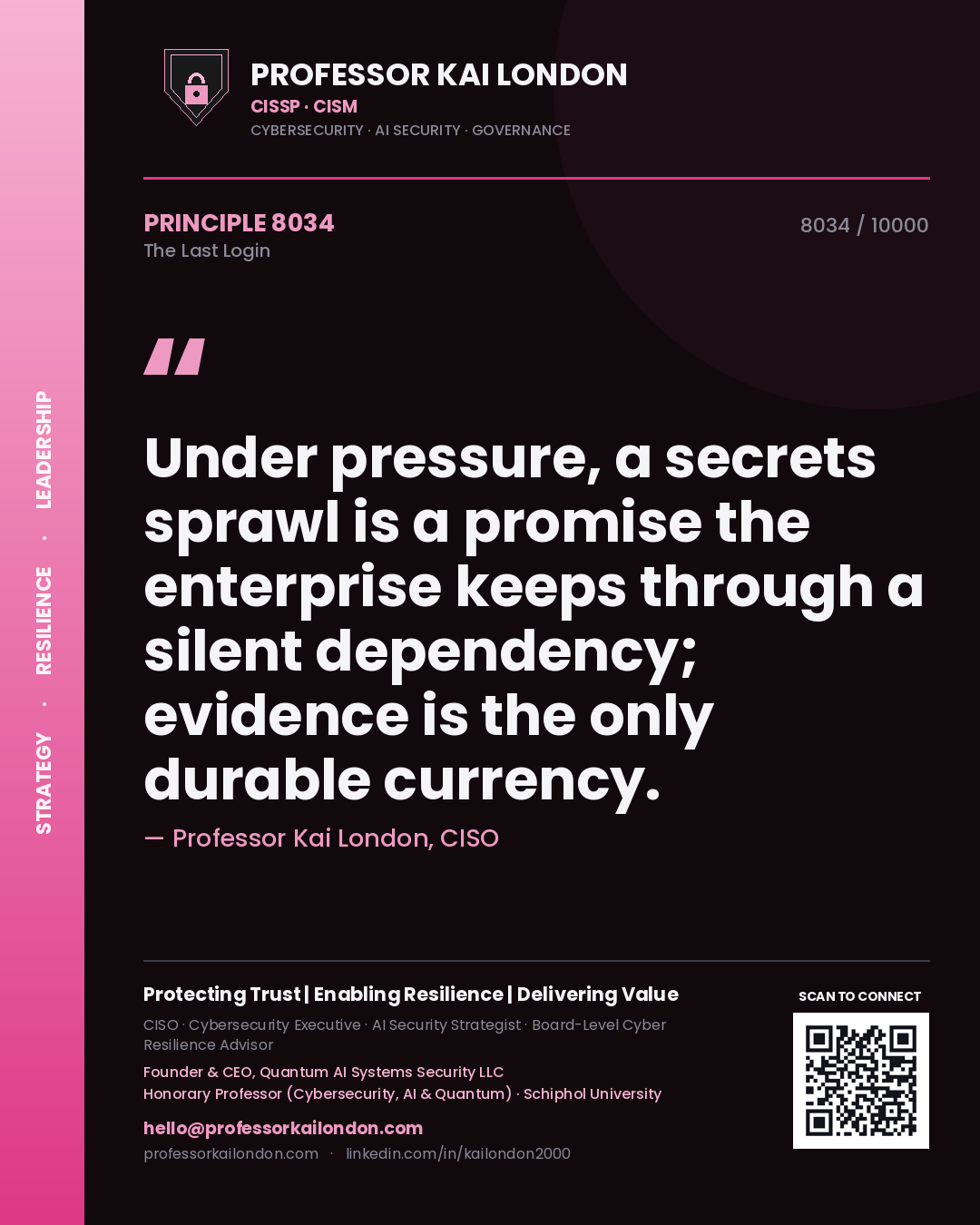 Professor Kai London principle 8034: Under pressure, a secrets sprawl is a promise the enterprise keeps through a silent dependency; evidence is the only durable currency.