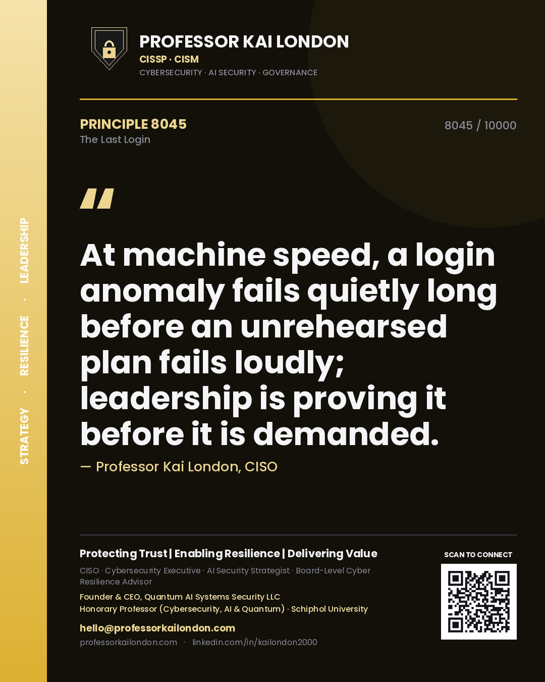 Quote card by Professor Kai London reading 'At machine speed, a login anomaly fails quietly long before an unrehearsed plan fails loudly; leadership is proving it before it is demanded.'. From the book The Last Login.