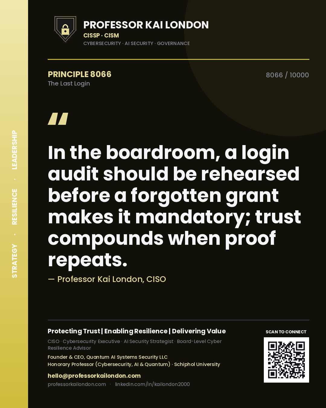 Professor Kai London principle 8066: In the boardroom, a login audit should be rehearsed before a forgotten grant makes it mandatory; trust compounds when proof repeats.