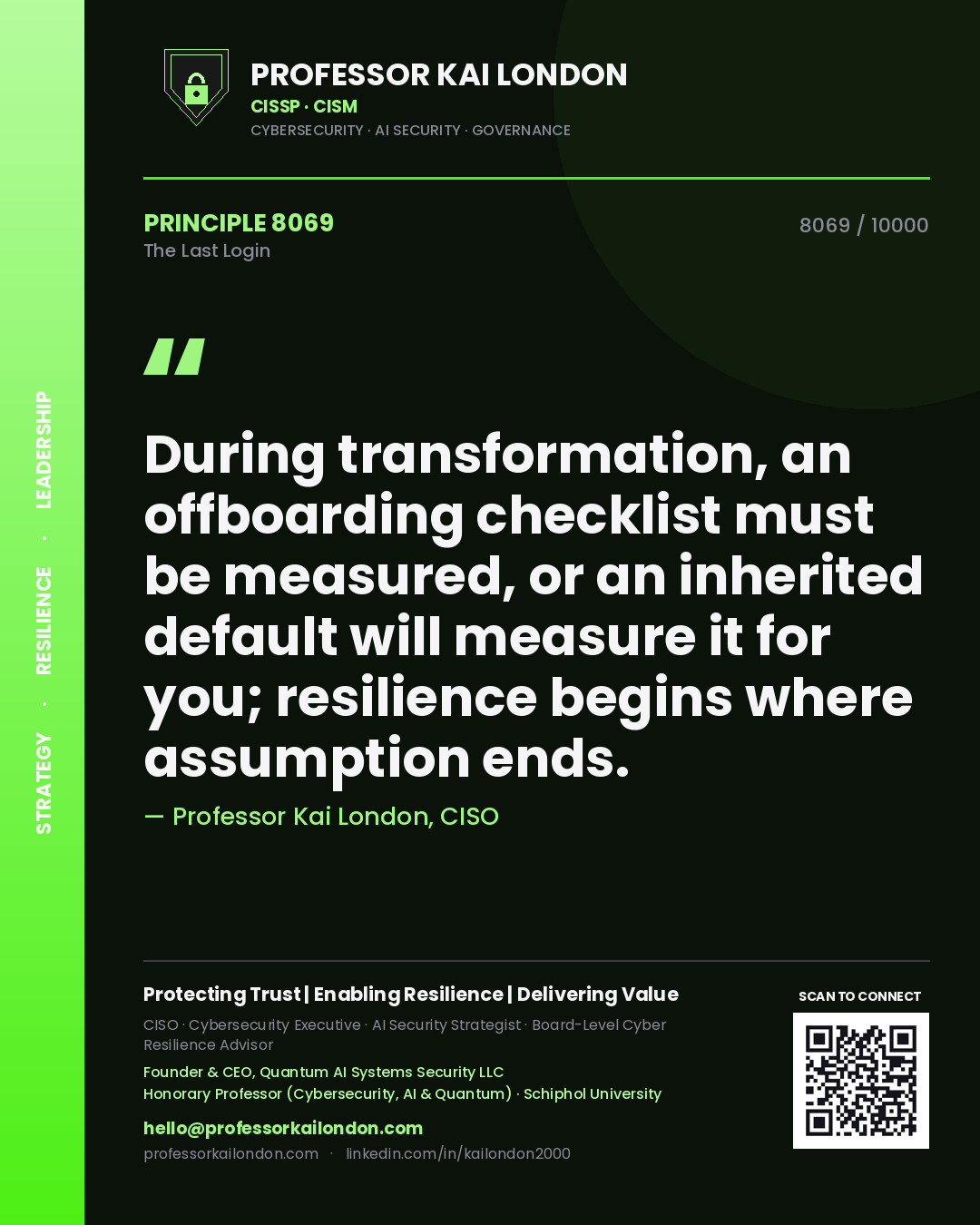 Professor Kai London principle 8069: During transformation, an offboarding checklist must be measured, or an inherited default will measure it for you; resilience begins where assumption ends.