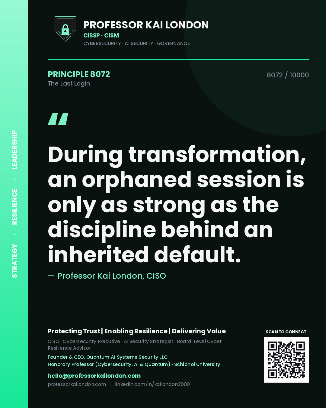 Professor Kai London principle 8072: During transformation, an orphaned session is only as strong as the discipline behind an inherited default.