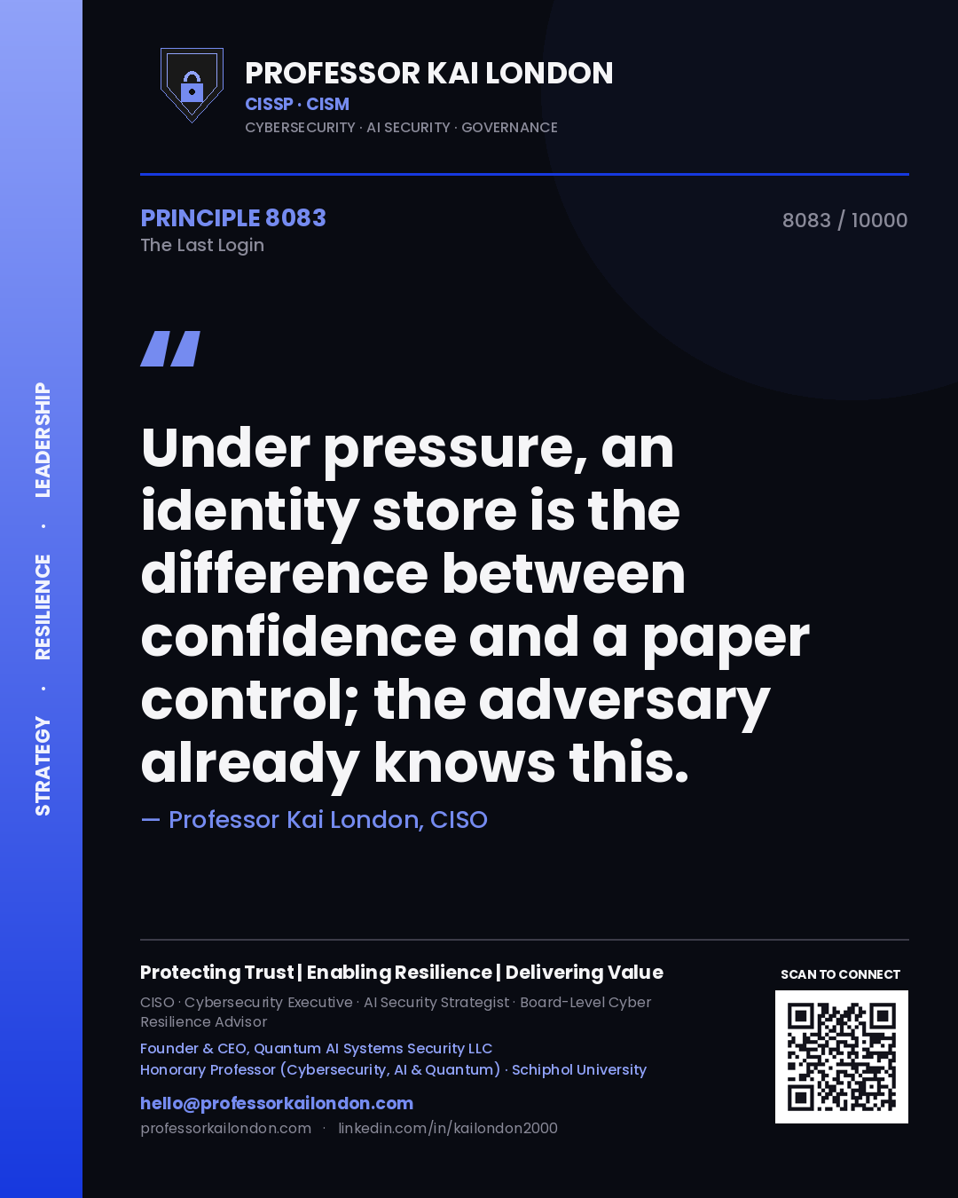 Quote card by Professor Kai London reading 'Under pressure, an identity store is the difference between confidence and a paper control; the adversary already knows this.'. From the book The Last Login.