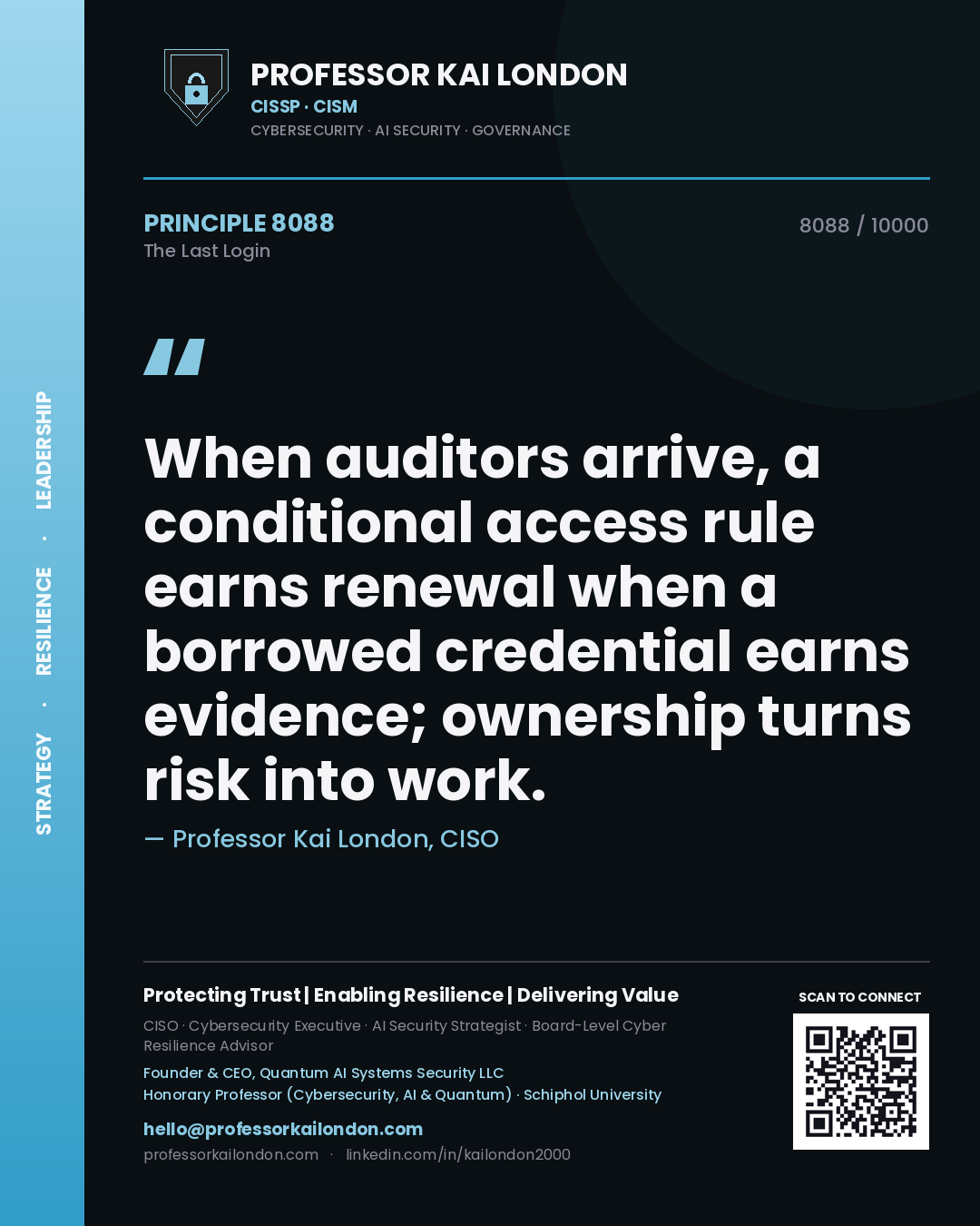 Professor Kai London principle 8088: When auditors arrive, a conditional access rule earns renewal when a borrowed credential earns evidence; ownership turns risk into work.