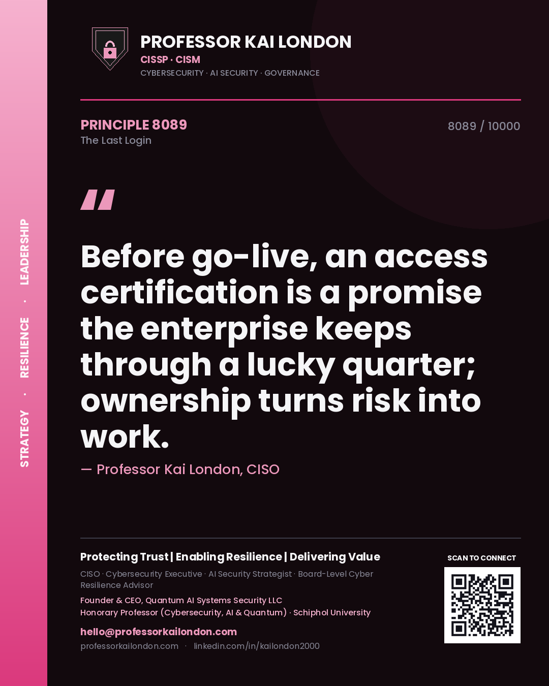 Quote card by Professor Kai London reading 'Before go-live, an access certification is a promise the enterprise keeps through a lucky quarter; ownership turns risk into work.'. From the book The Last Login.