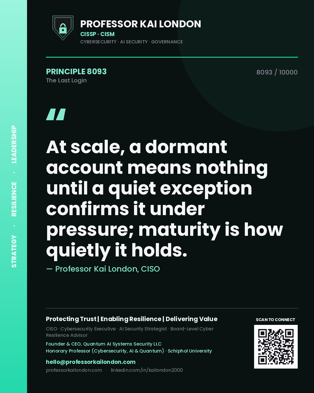 Quote card by Professor Kai London reading 'At scale, a dormant account means nothing until a quiet exception confirms it under pressure; maturity is how quietly it holds.'. From the book The Last Login.