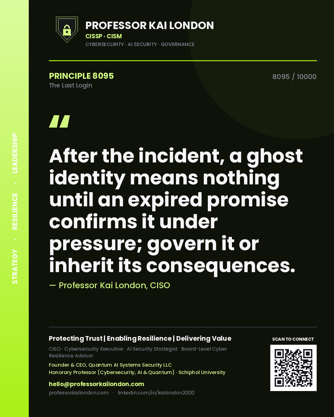 Quote card by Professor Kai London reading 'After the incident, a ghost identity means nothing until an expired promise confirms it under pressure; govern it or inherit its consequences.'. From the book The Last Login.