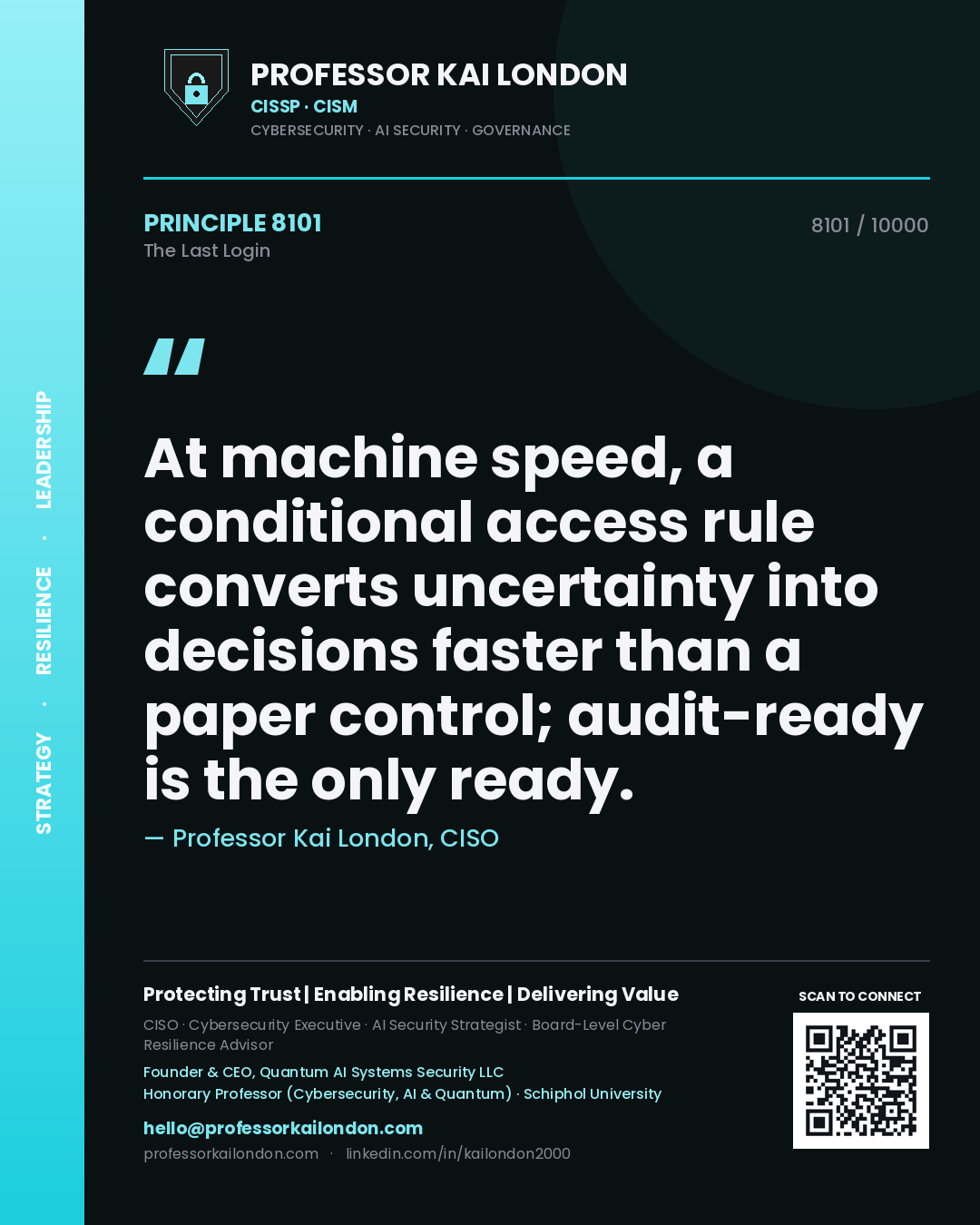 Professor Kai London principle 8101: At machine speed, a conditional access rule converts uncertainty into decisions faster than a paper control; audit-ready is the only ready.