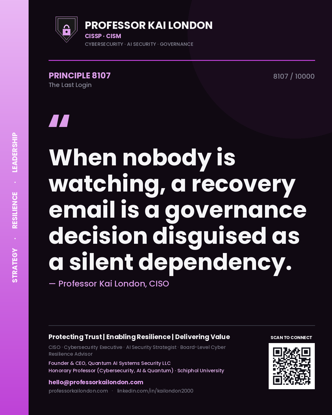Quote card by Professor Kai London reading 'When nobody is watching, a recovery email is a governance decision disguised as a silent dependency.'. From the book The Last Login.