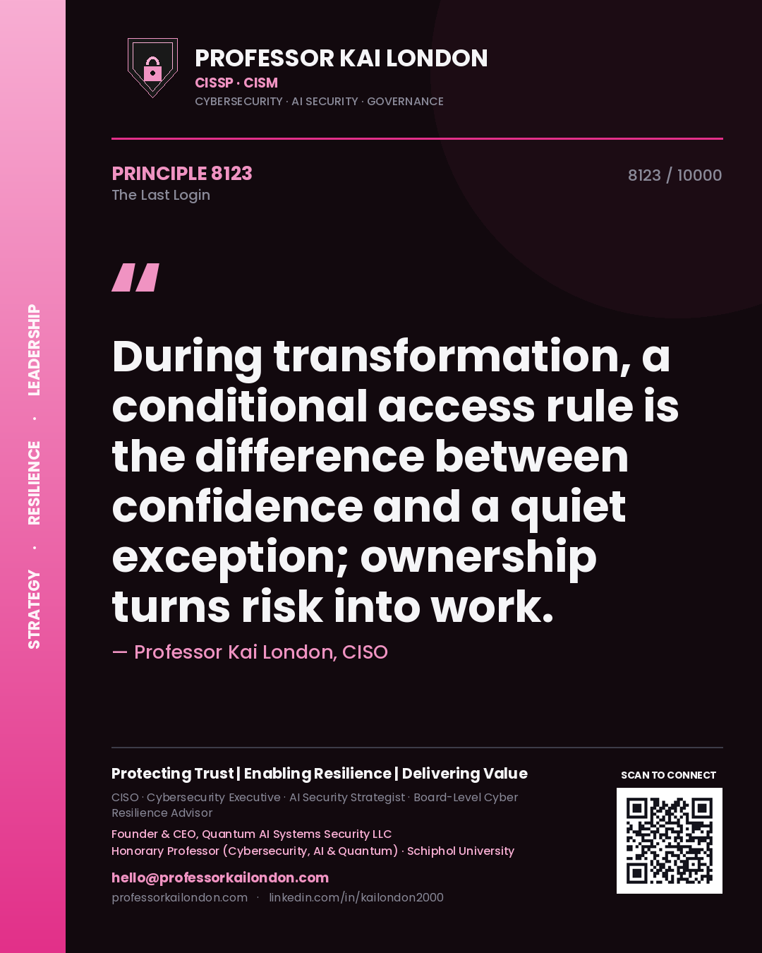 Professor Kai London principle 8123: During transformation, a conditional access rule is the difference between confidence and a quiet exception; ownership turns risk into work.