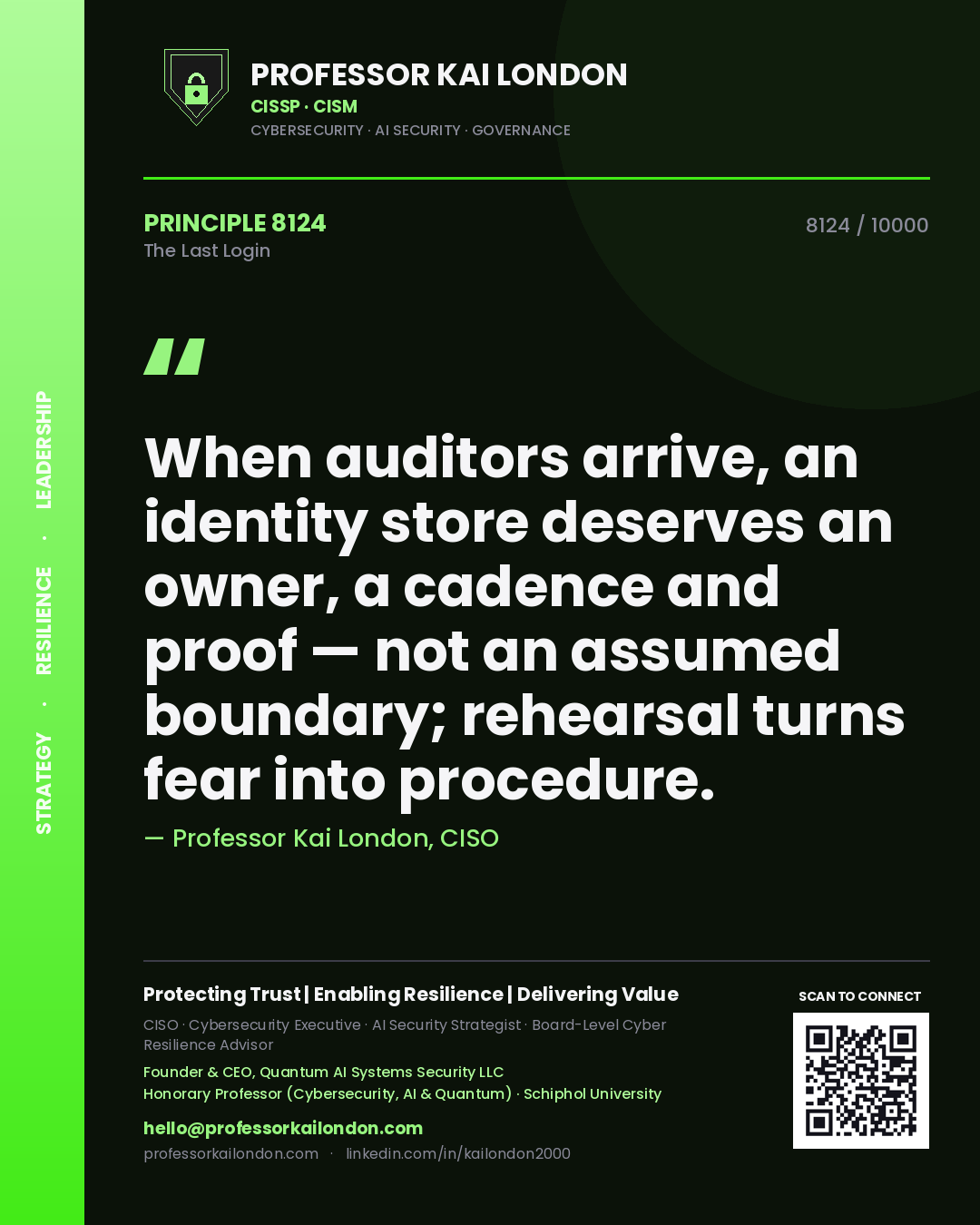 Professor Kai London principle 8124: When auditors arrive, an identity store deserves an owner, a cadence and proof — not an assumed boundary; rehearsal turns fear into procedure.