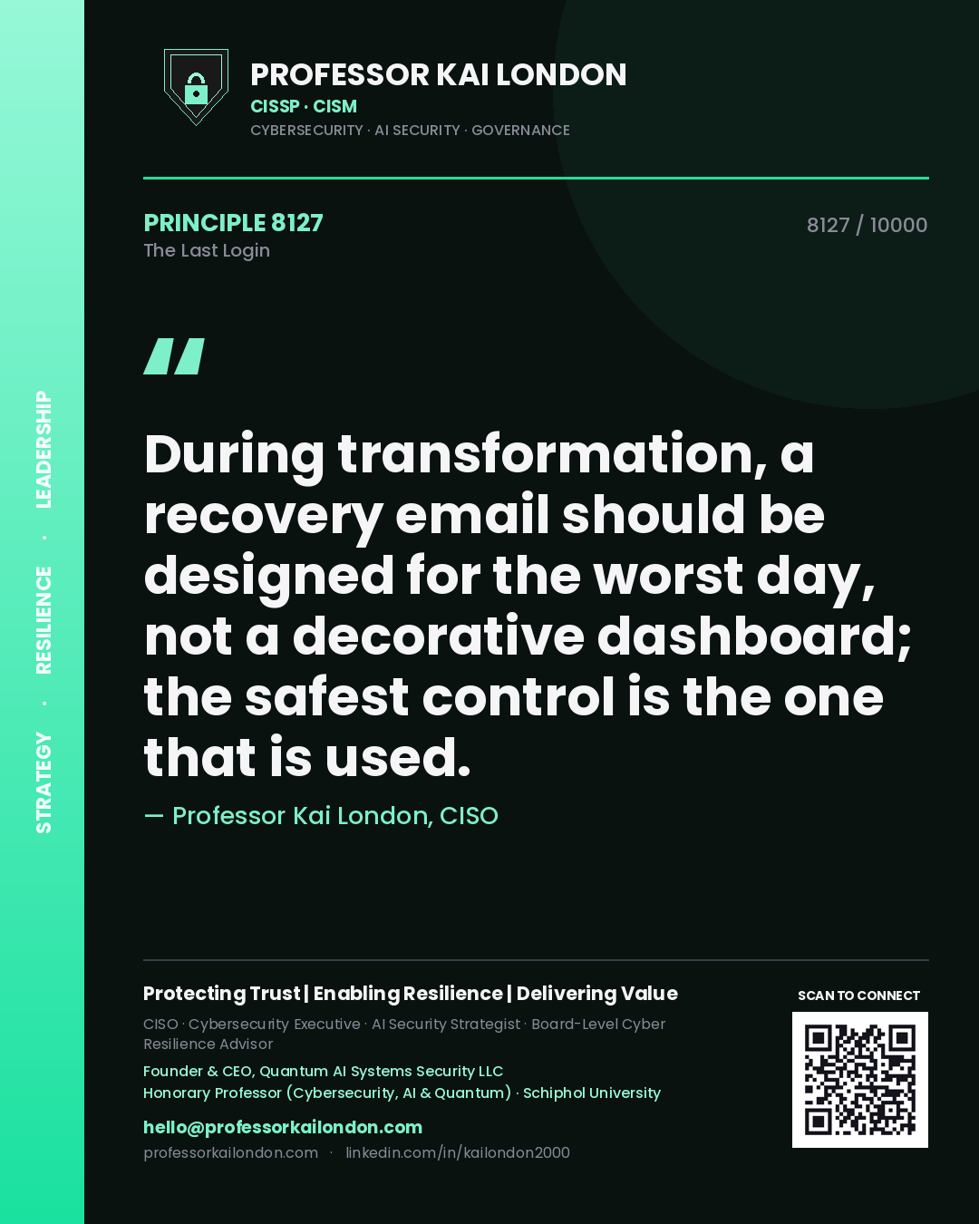 Quote card by Professor Kai London reading 'During transformation, a recovery email should be designed for the worst day, not a decorative dashboard; the safest control is the one that is used.'. From the book The Last Login.