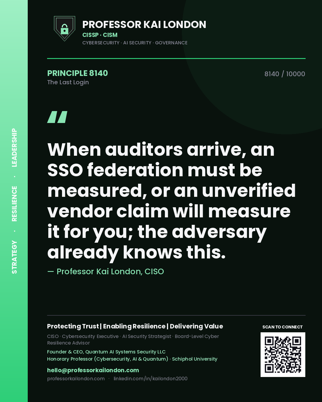 Professor Kai London principle 8140: When auditors arrive, an SSO federation must be measured, or an unverified vendor claim will measure it for you; the adversary already knows this.