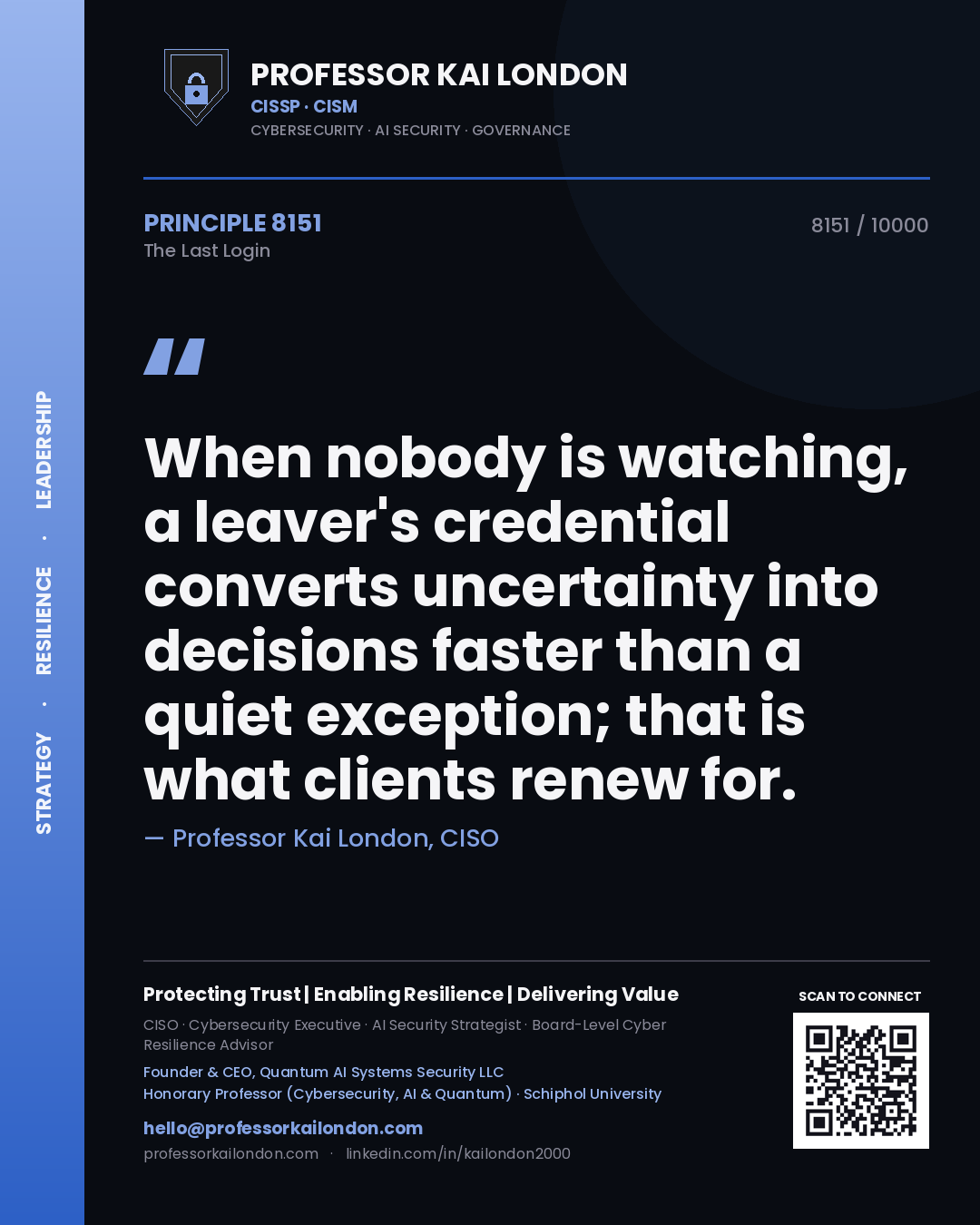 Professor Kai London principle 8151: When nobody is watching, a leaver's credential converts uncertainty into decisions faster than a quiet exception; that is what clients renew for.