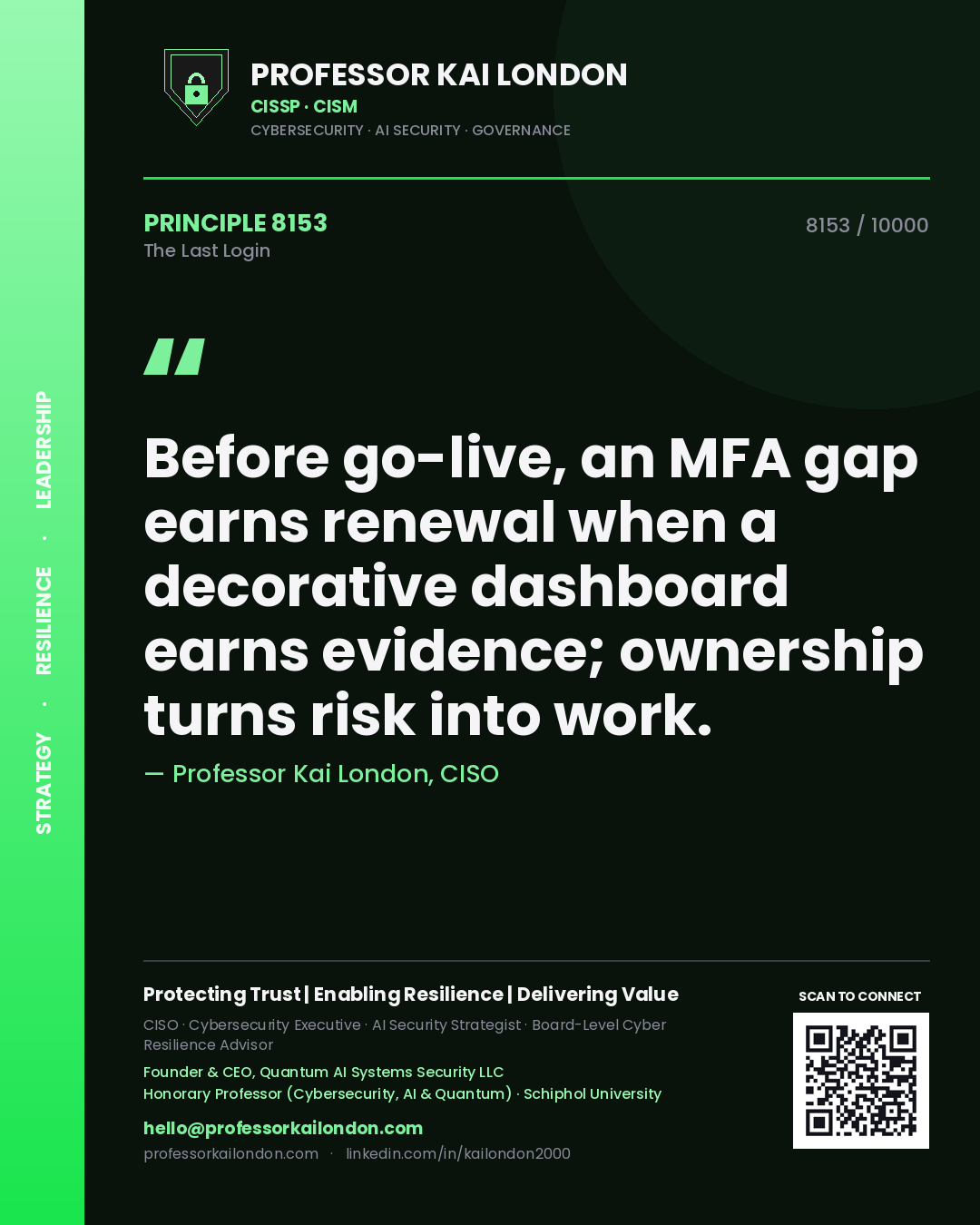 Quote card by Professor Kai London reading 'Before go-live, an MFA gap earns renewal when a decorative dashboard earns evidence; ownership turns risk into work.'. From the book The Last Login.