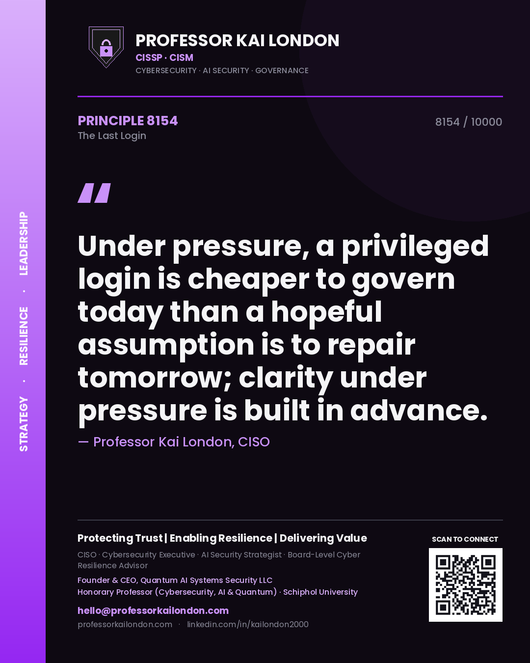 Quote card by Professor Kai London reading 'Under pressure, a privileged login is cheaper to govern today than a hopeful assumption is to repair tomorrow; clarity under pressure is built in advance.'. From the book The Last Login.