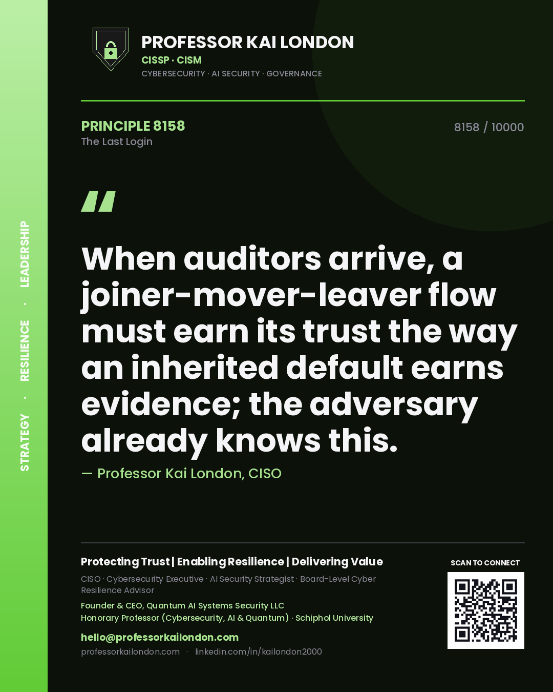 Quote card by Professor Kai London reading 'When auditors arrive, a joiner-mover-leaver flow must earn its trust the way an inherited default earns evidence; the adversary already knows this.'. From the book The Last Login.