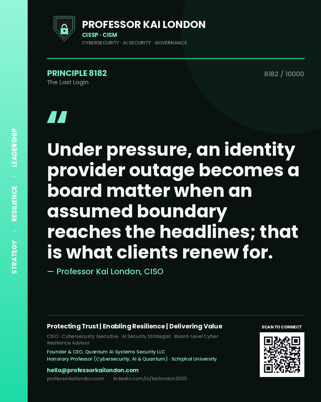 Professor Kai London principle 8182: Under pressure, an identity provider outage becomes a board matter when an assumed boundary reaches the headlines; that is what clients renew for.