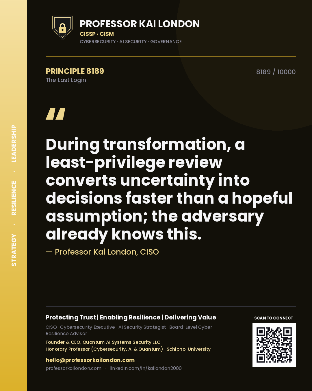 Professor Kai London principle 8189: During transformation, a least-privilege review converts uncertainty into decisions faster than a hopeful assumption; the adversary already knows this.