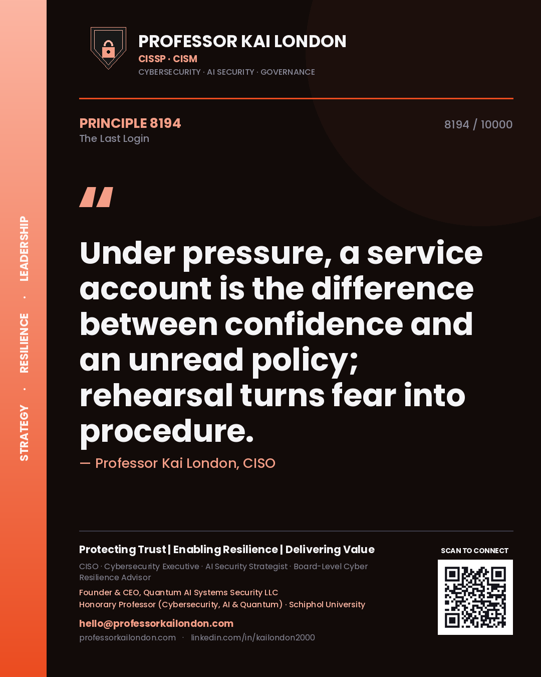 Professor Kai London principle 8194: Under pressure, a service account is the difference between confidence and an unread policy; rehearsal turns fear into procedure.