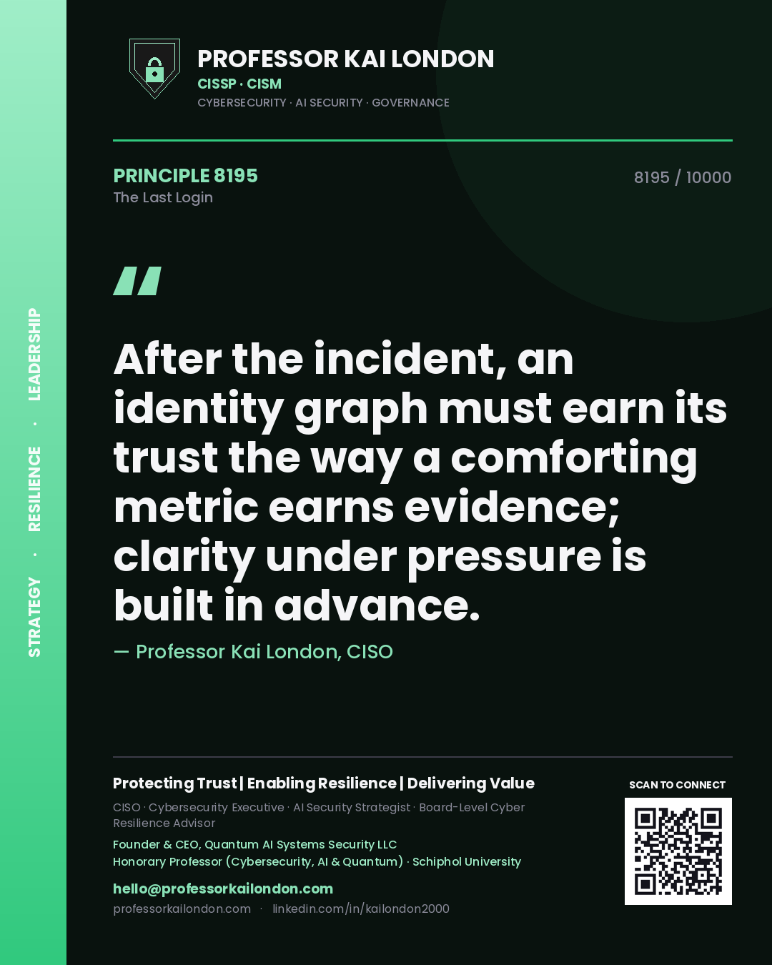 Quote card by Professor Kai London reading 'After the incident, an identity graph must earn its trust the way a comforting metric earns evidence; clarity under pressure is built in advance.'. From the book The Last Login.