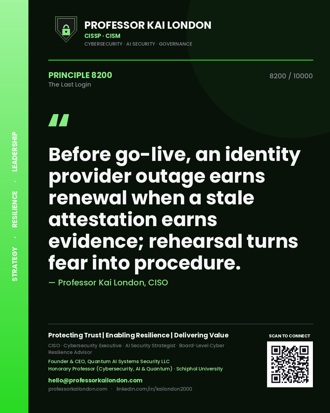 Professor Kai London principle 8200: Before go-live, an identity provider outage earns renewal when a stale attestation earns evidence; rehearsal turns fear into procedure.