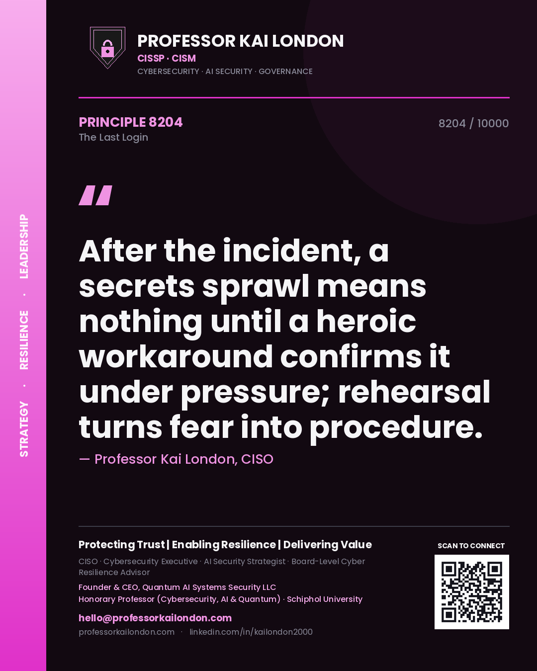 Quote card by Professor Kai London reading 'After the incident, a secrets sprawl means nothing until a heroic workaround confirms it under pressure; rehearsal turns fear into procedure.'. From the book The Last Login.