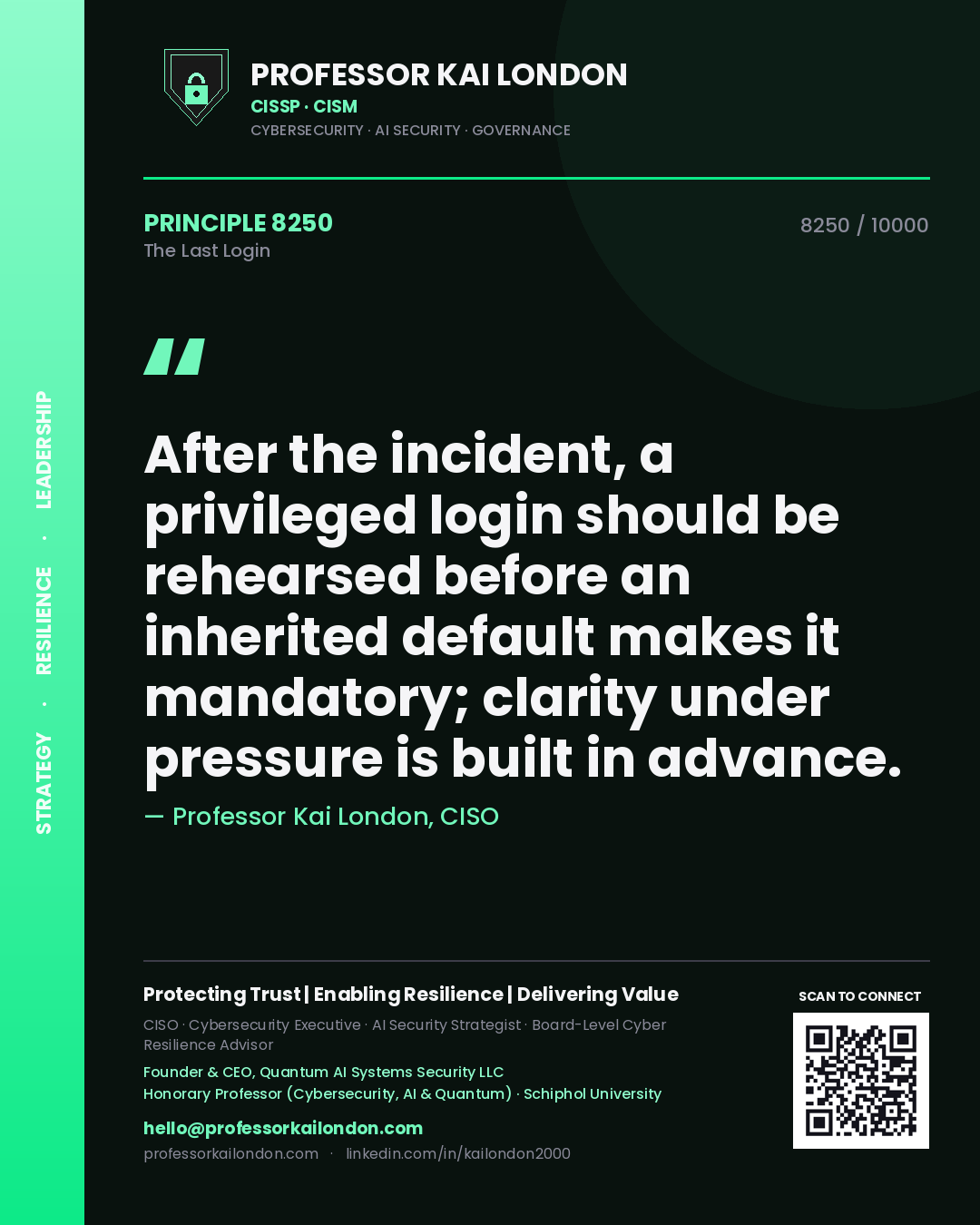 Quote card by Professor Kai London reading 'After the incident, a privileged login should be rehearsed before an inherited default makes it mandatory; clarity under pressure is built in advance.'. From the book The Last Login.