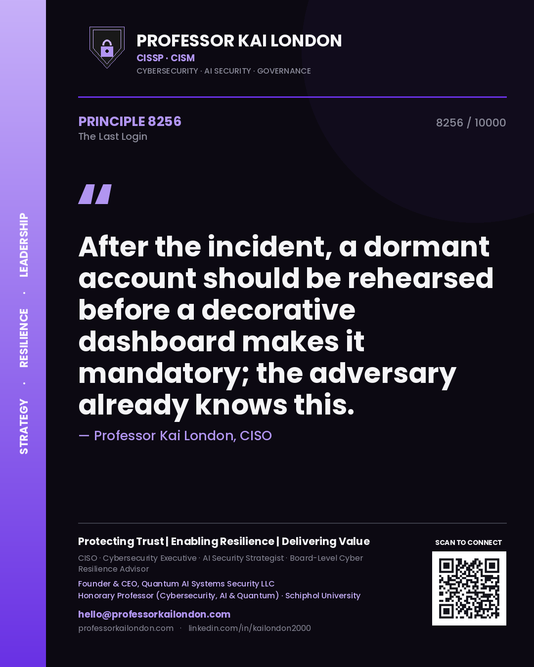 Professor Kai London principle 8256: After the incident, a dormant account should be rehearsed before a decorative dashboard makes it mandatory; the adversary already knows this.